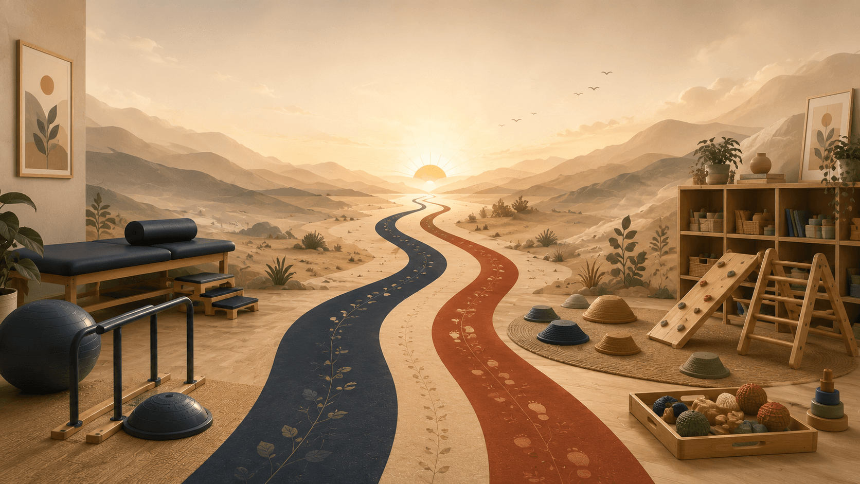 A cinematic landscape with a winding path curving toward a luminous horizon
