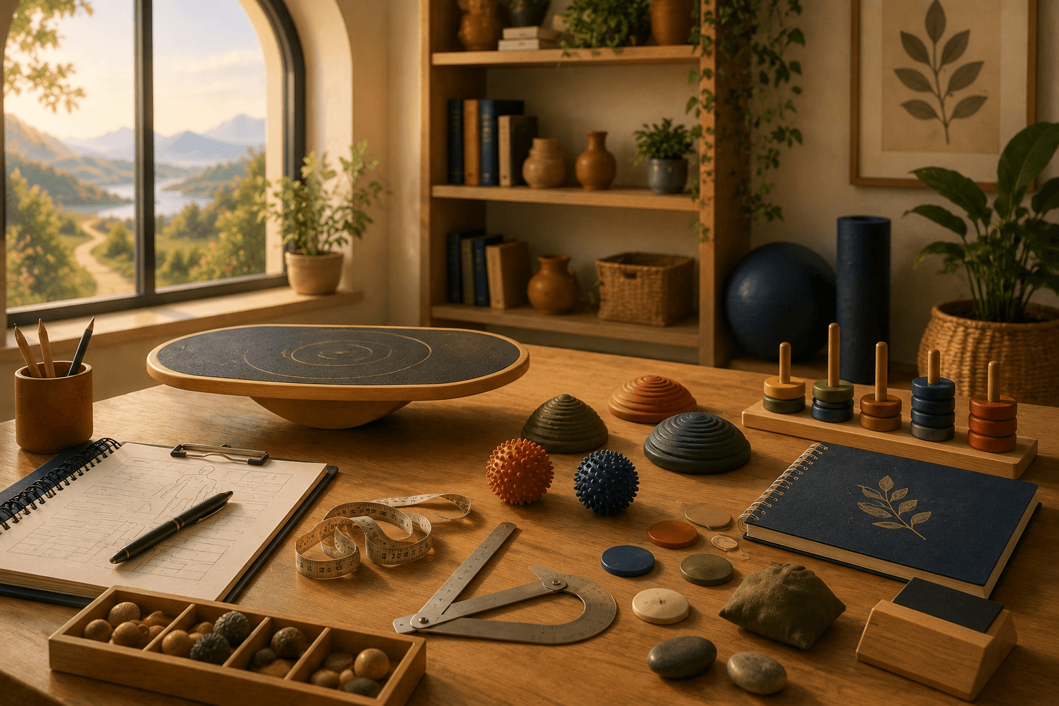 A sophisticated tabletop arrangement of sensory objects and movement tools — elegant, curious, precise