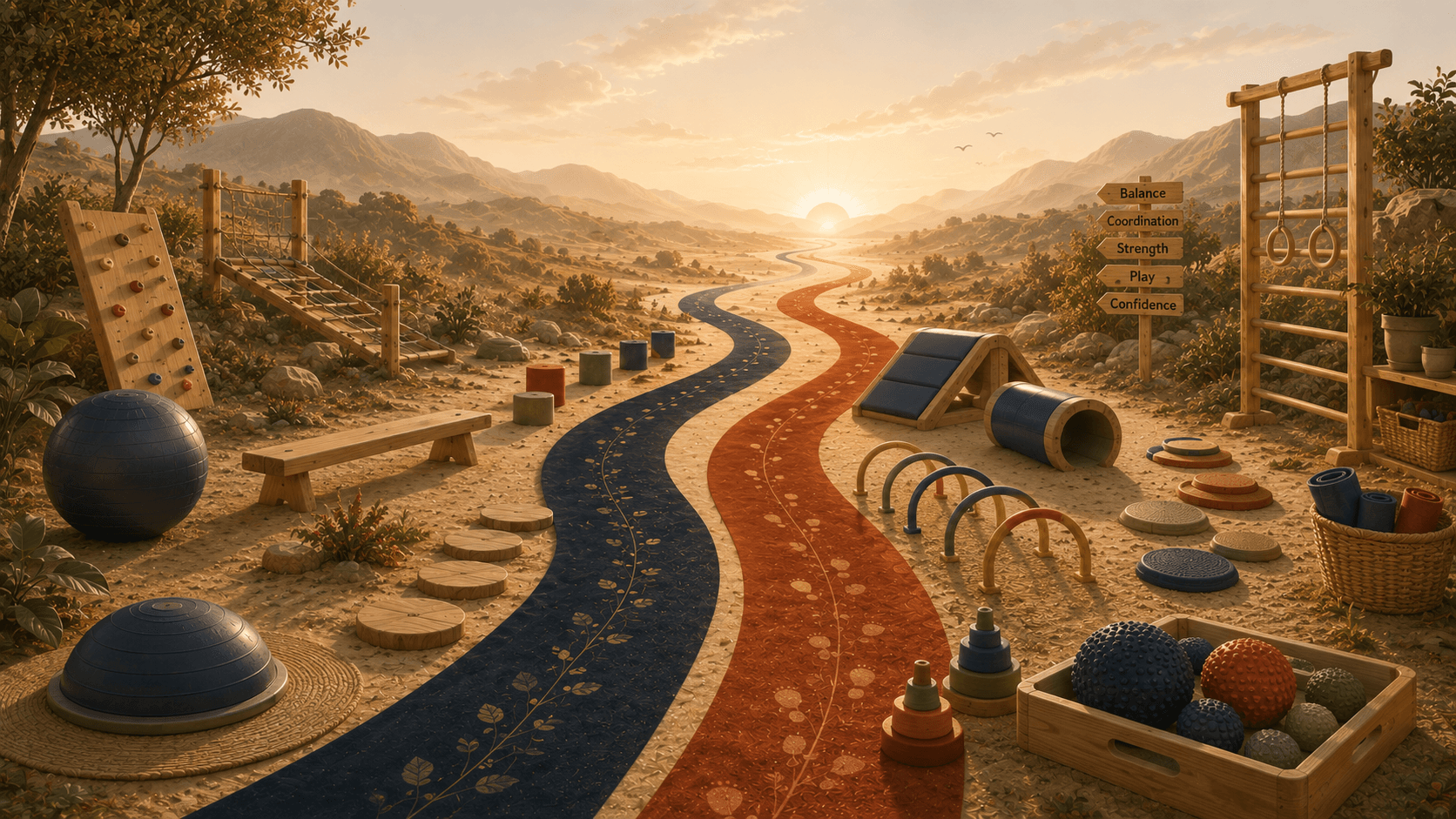 A cinematic environmental scene of objects and natural forms arranged for play and discovery