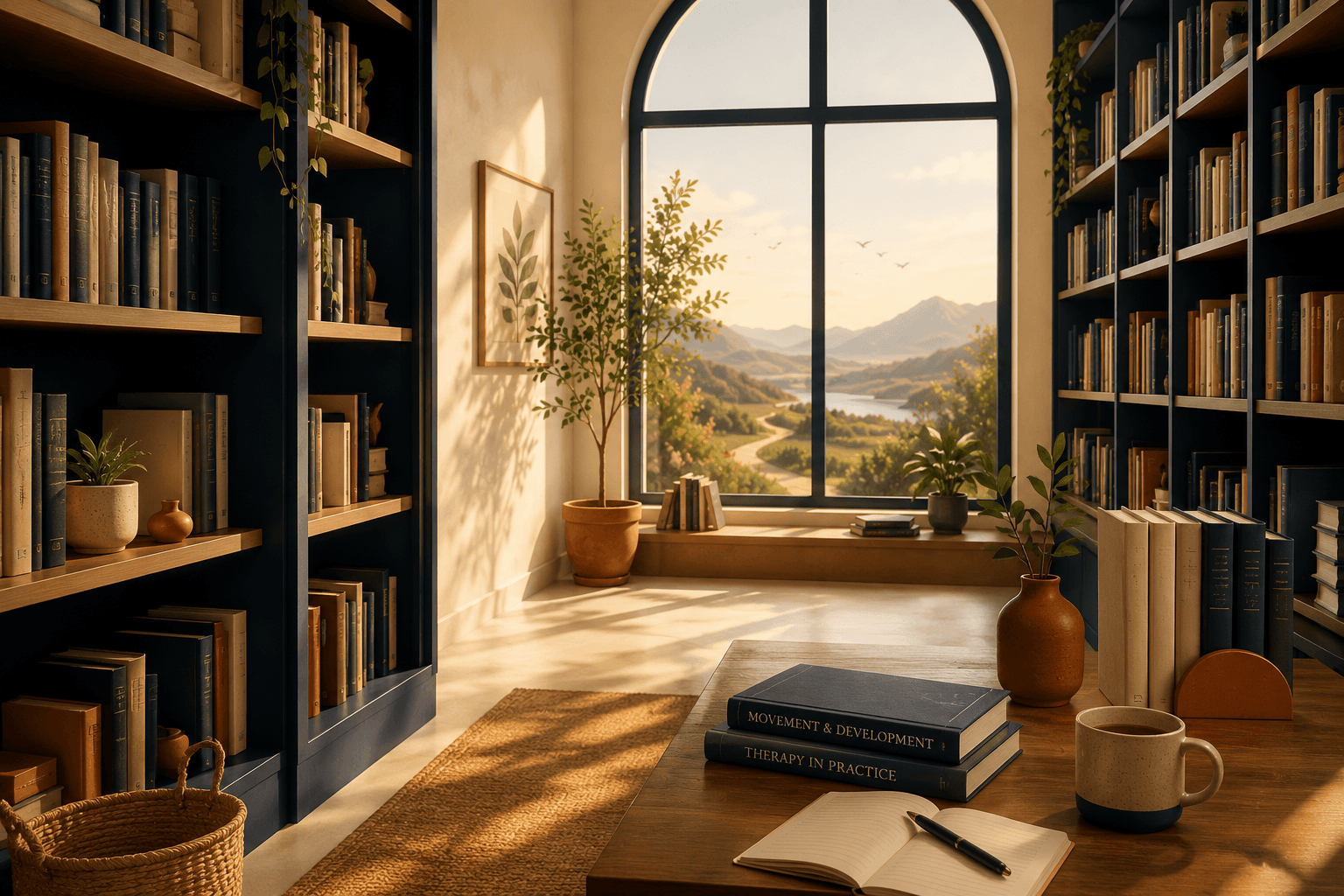 A quiet library interior — tall shelves filled with knowledge, warm light filtering through a window