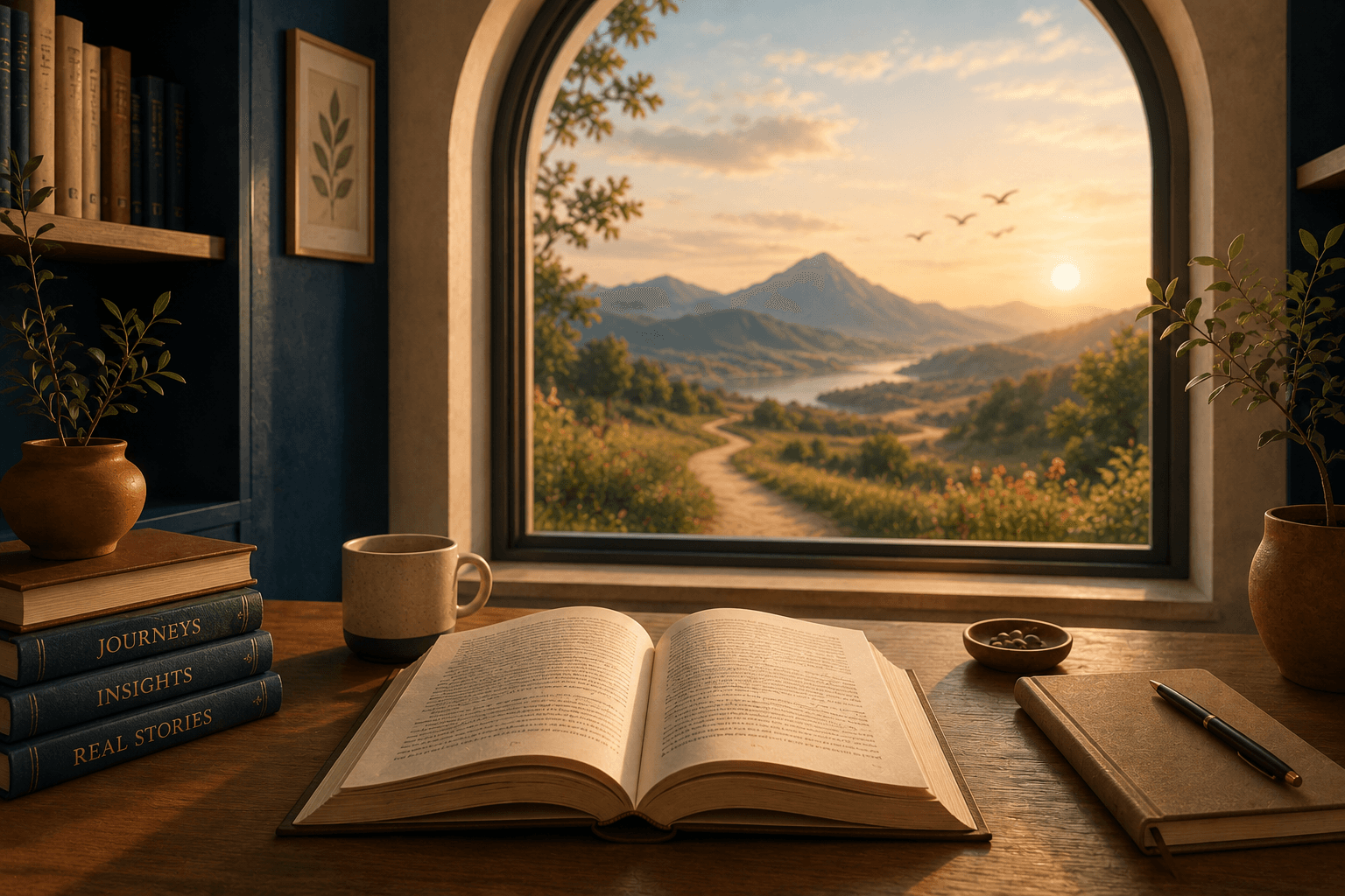 An open book resting on a table, a window beyond it opening toward a gentle landscape and distant horizon